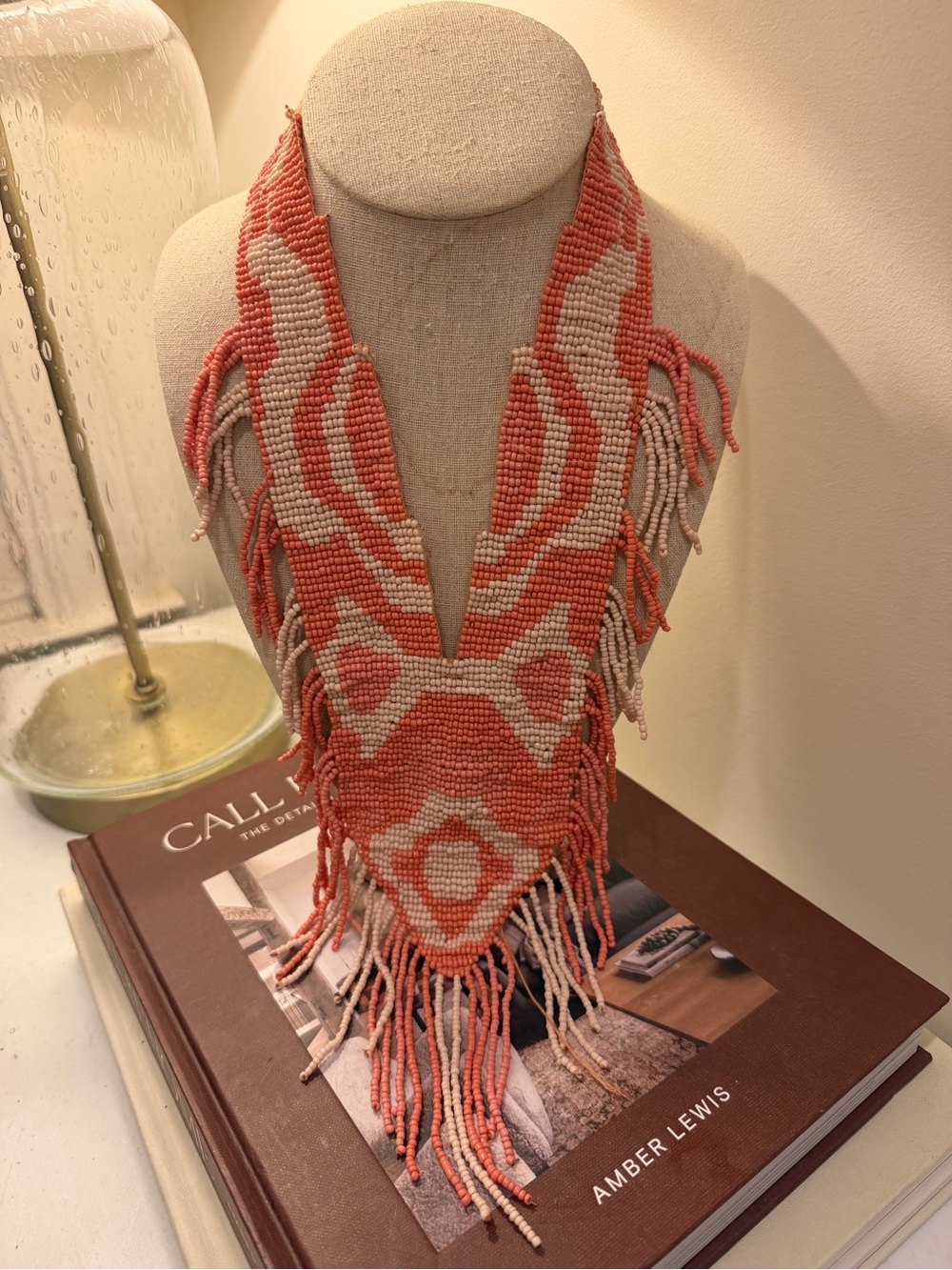 Stella & Dot Coral and Cream Beaded Fringe Necklace